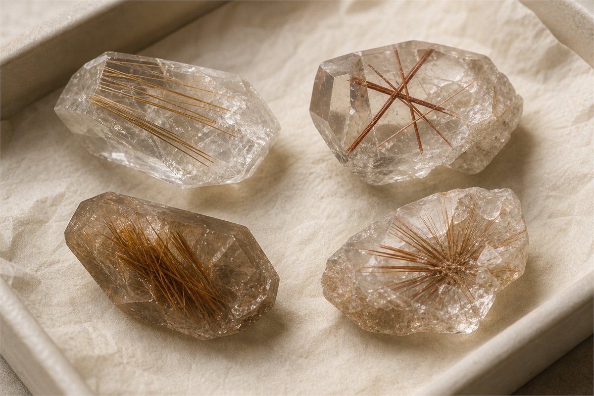 Macro view of several quartz specimens with parallel, crossed, bundled, and radiating rutile inclusions