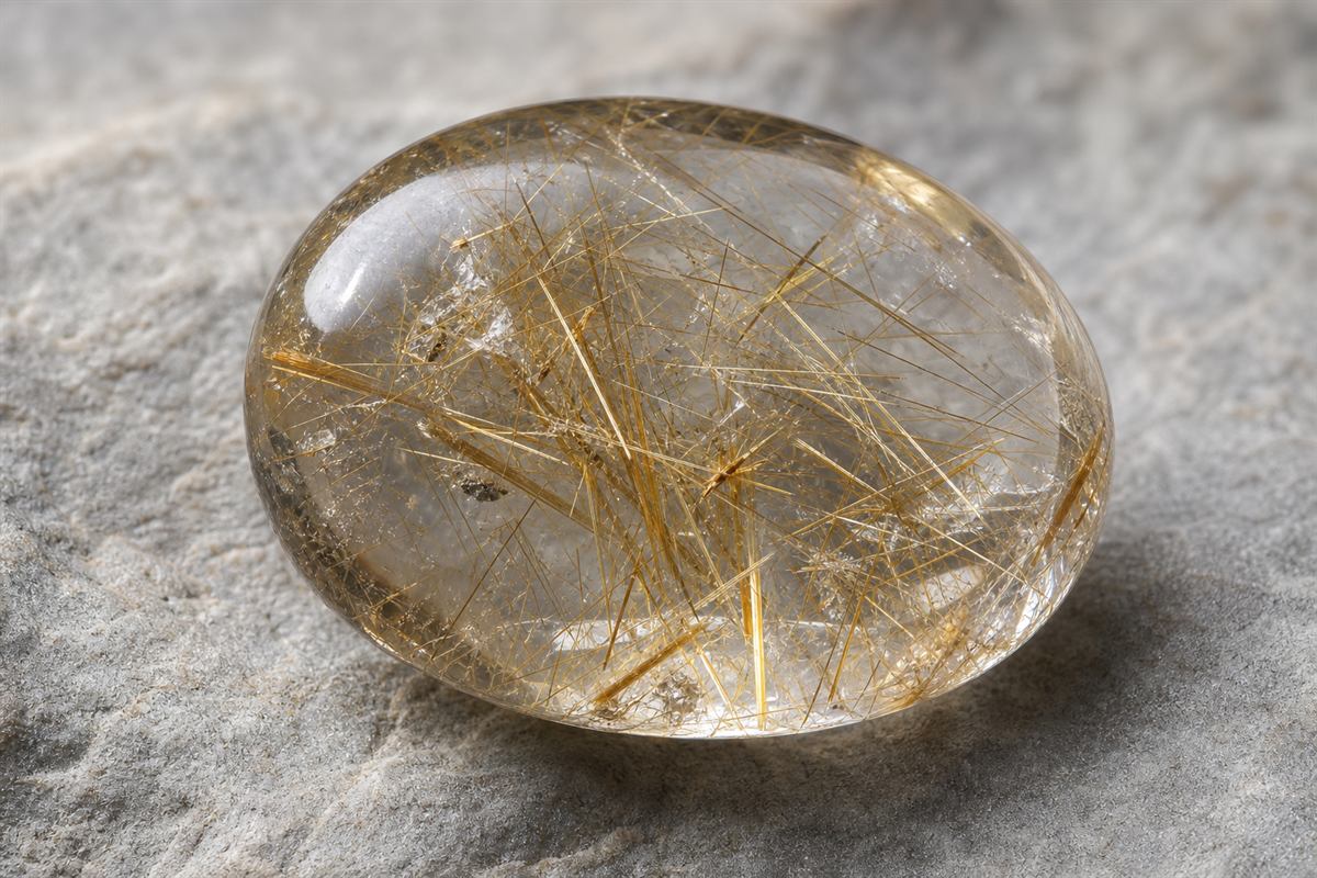Macro view of natural golden rutile needles enclosed at different depths inside clear quartz