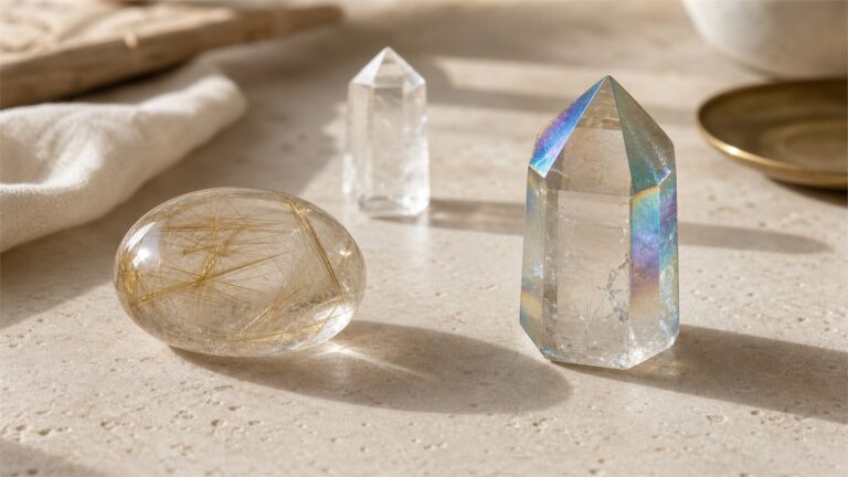 Natural quartz cabochon with internal golden rutile needles beside an iridescent surface-coated quartz point