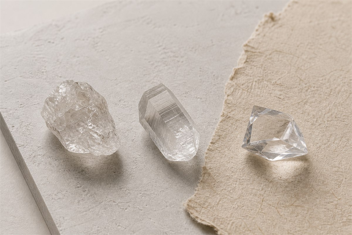 Natural quartz, hydrothermal synthetic quartz, and faceted crystal glass arranged separately on a neutral material board