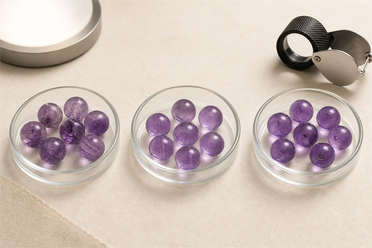 Three equal dishes of purple beads examined with neutral light and a loupe