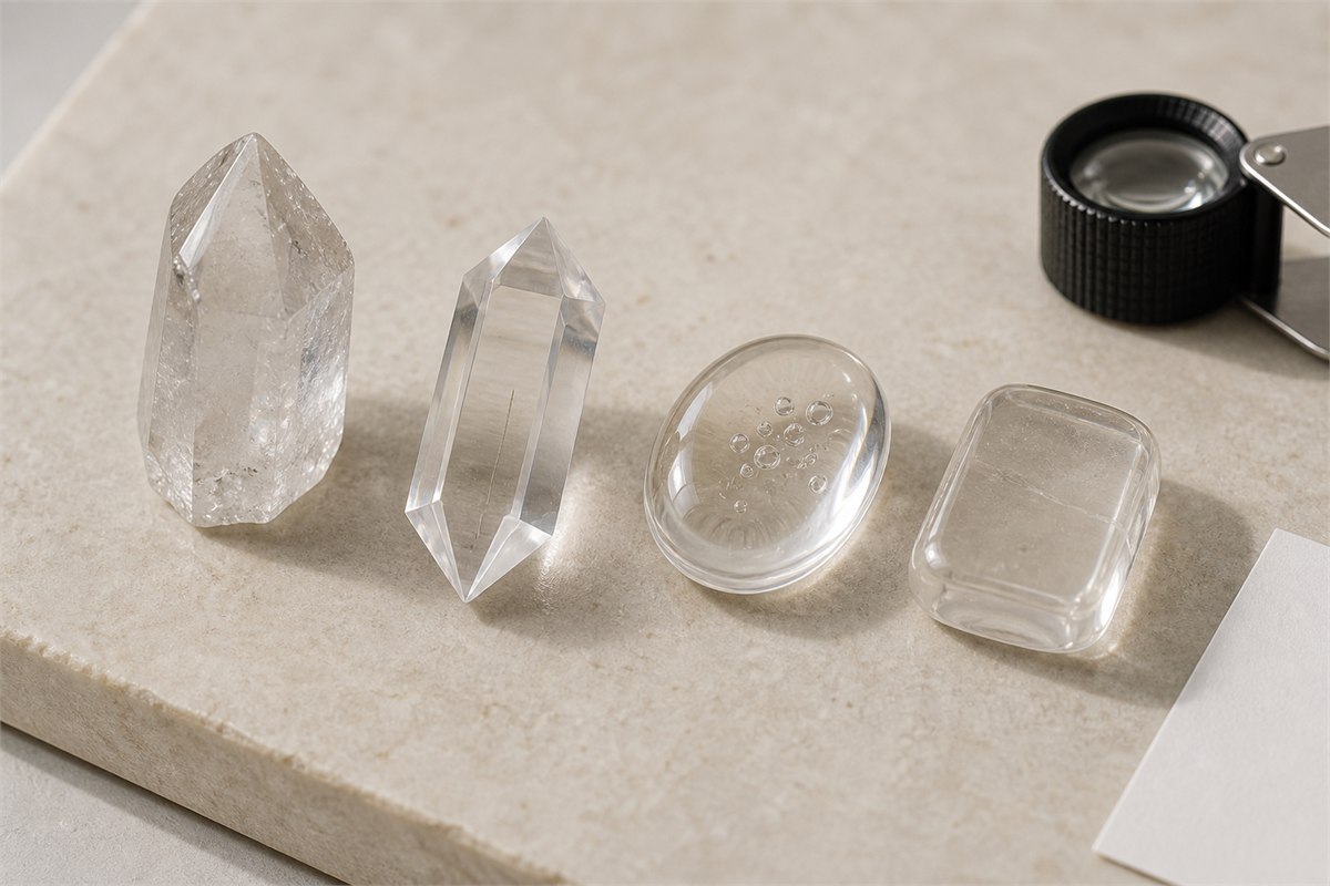 Natural quartz, hydrothermal synthetic quartz, glass, and clear plastic samples viewed side by side