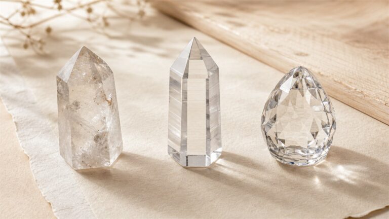 Natural quartz with irregular inclusions, clear synthetic quartz, and a faceted crystal glass ornament on a warm neutral surface