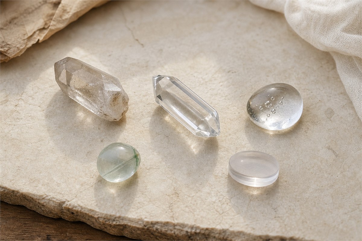 Five distinct transparent and translucent gem samples arranged for side-by-side material comparison