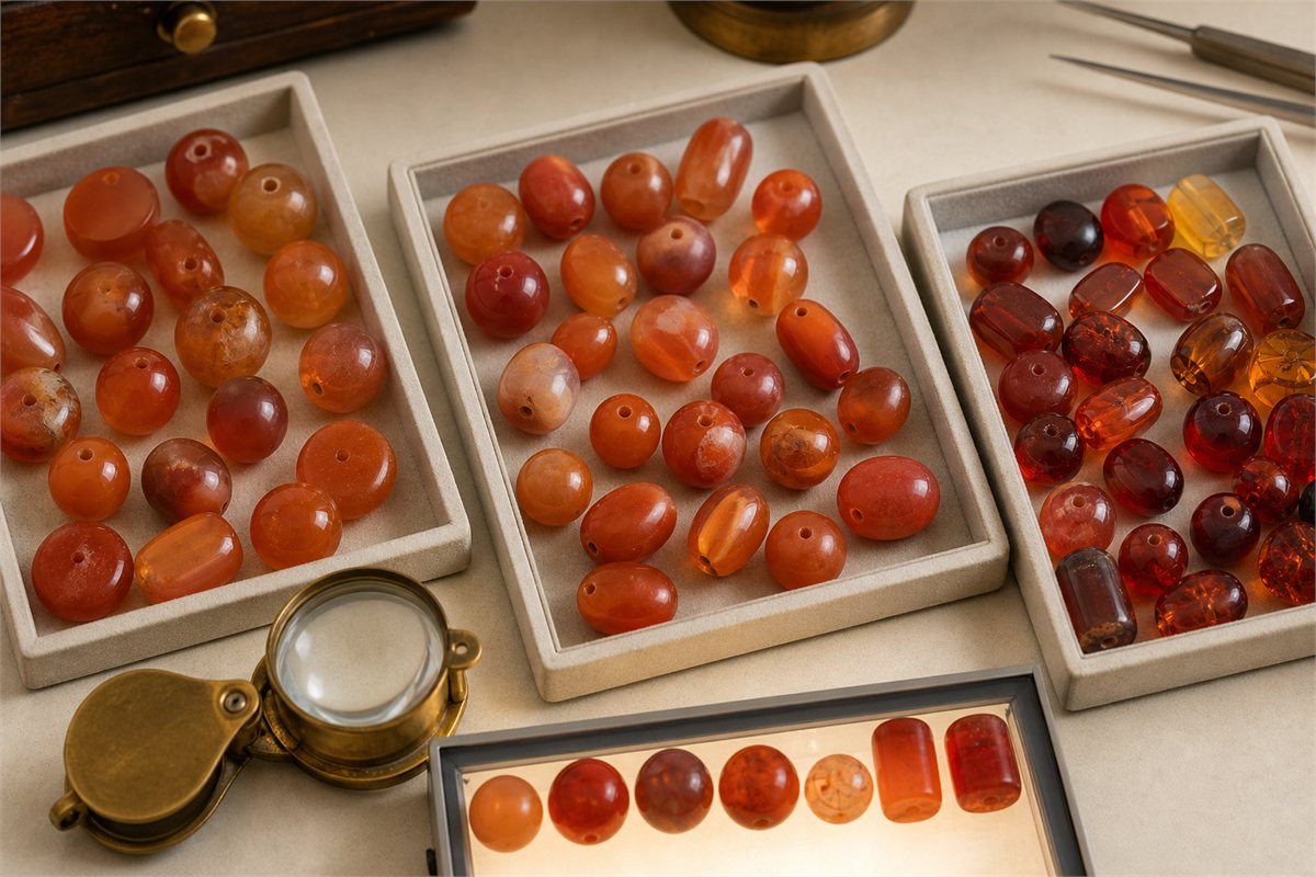 Gemological trays of natural-looking carnelian, treated chalcedony, and glass or resin imitation beads