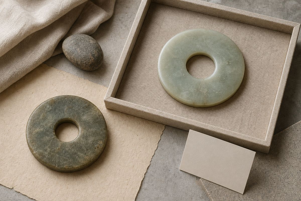 Two jade bi disks displayed in a neutral tray on archival paper.