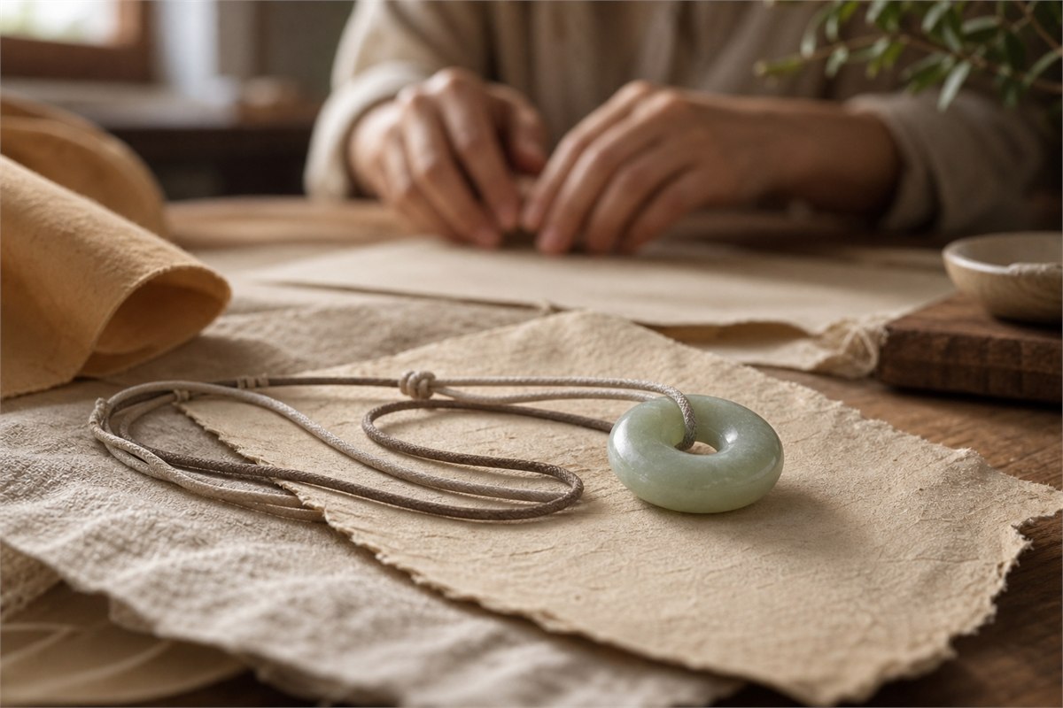 Muted green nephrite jade disc pendant on handmade paper with soft linen cords