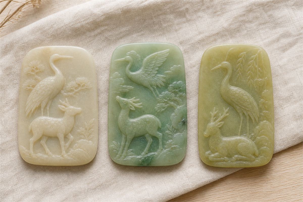 Three crane-deer relief plaques in creamy nephrite, muted green jadeite, and yellow-green serpentine