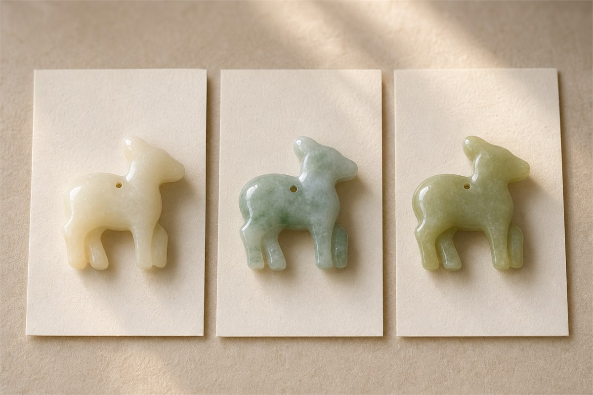 Three deer pendants showing pale waxy nephrite, translucent green jadeite, and yellow-green Xiuyan material