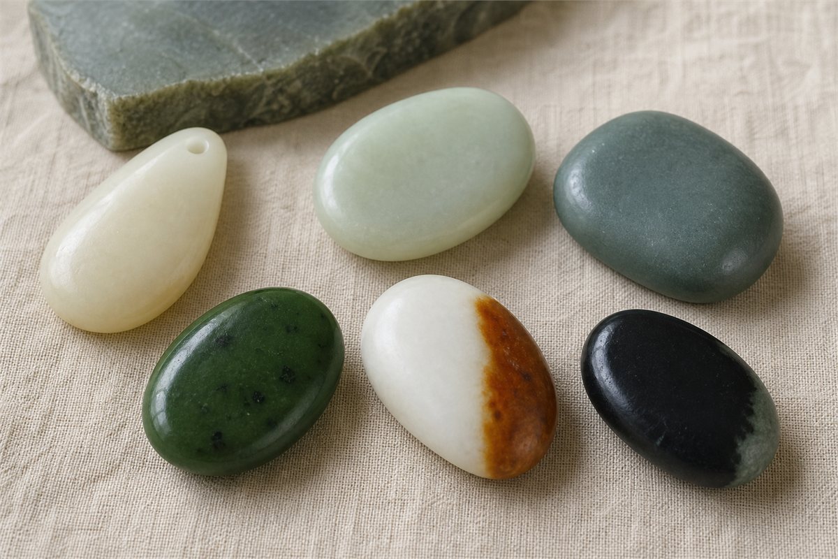 White, celadon, blue-green, spinach-green, russet-white, and black nephrite samples with soft waxy luster