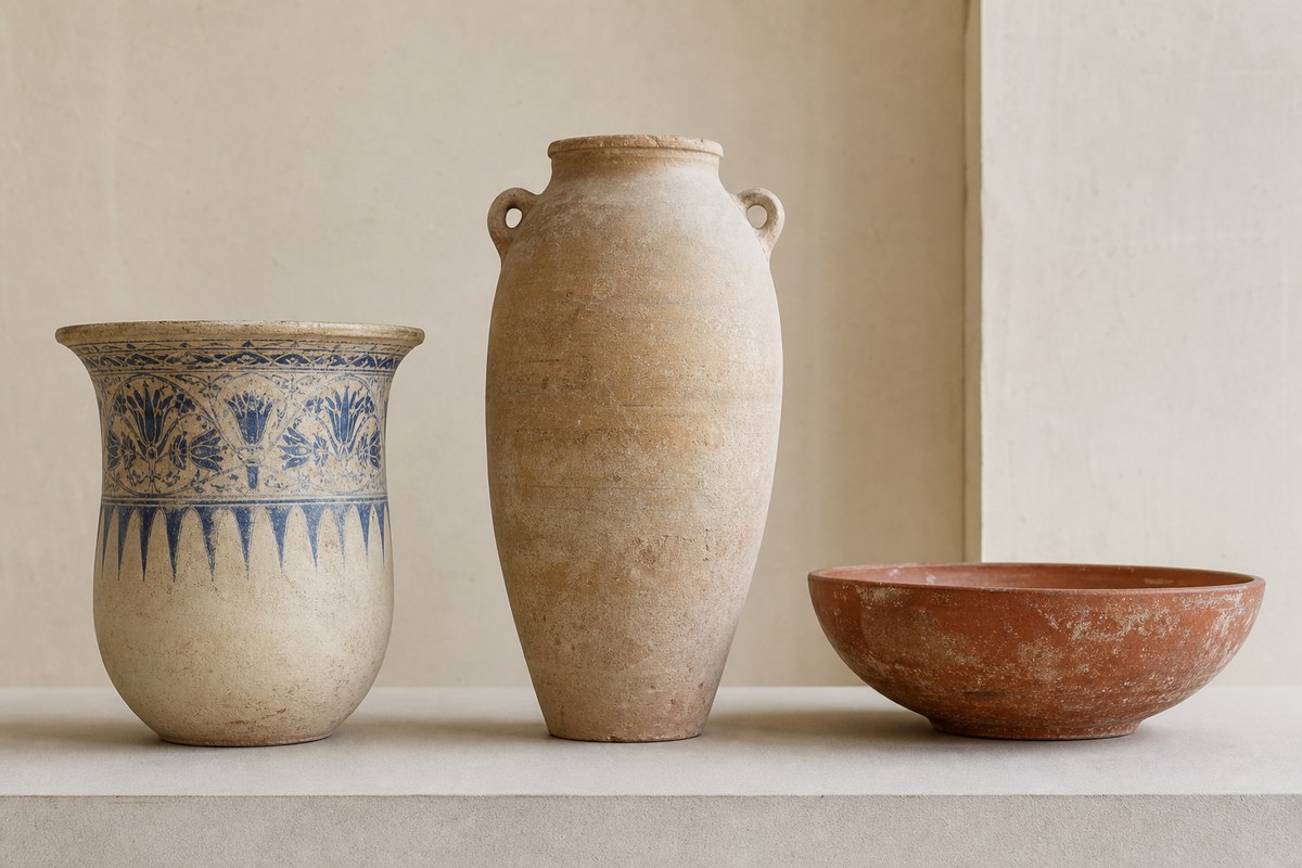 Late Dynasty 18 painted vessel, Ptolemaic amphora, and Roman Egyptian red-slipped bowl