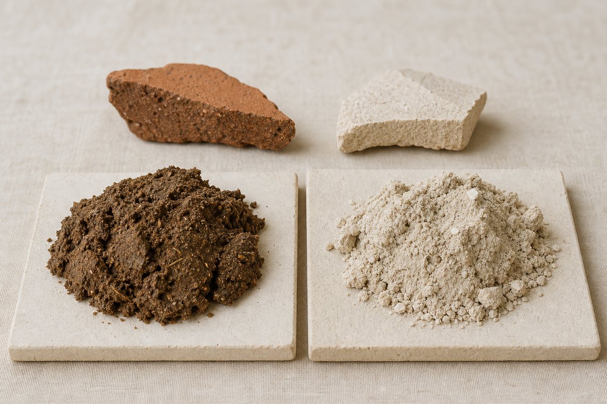 Raw Nile silt and marl clay samples with reddish and pale pottery sherd cross-sections
