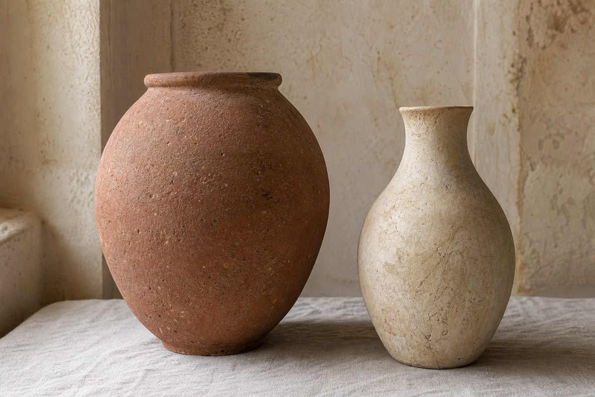 Reddish Nile-silt storage jar beside a pale marl clay vessel