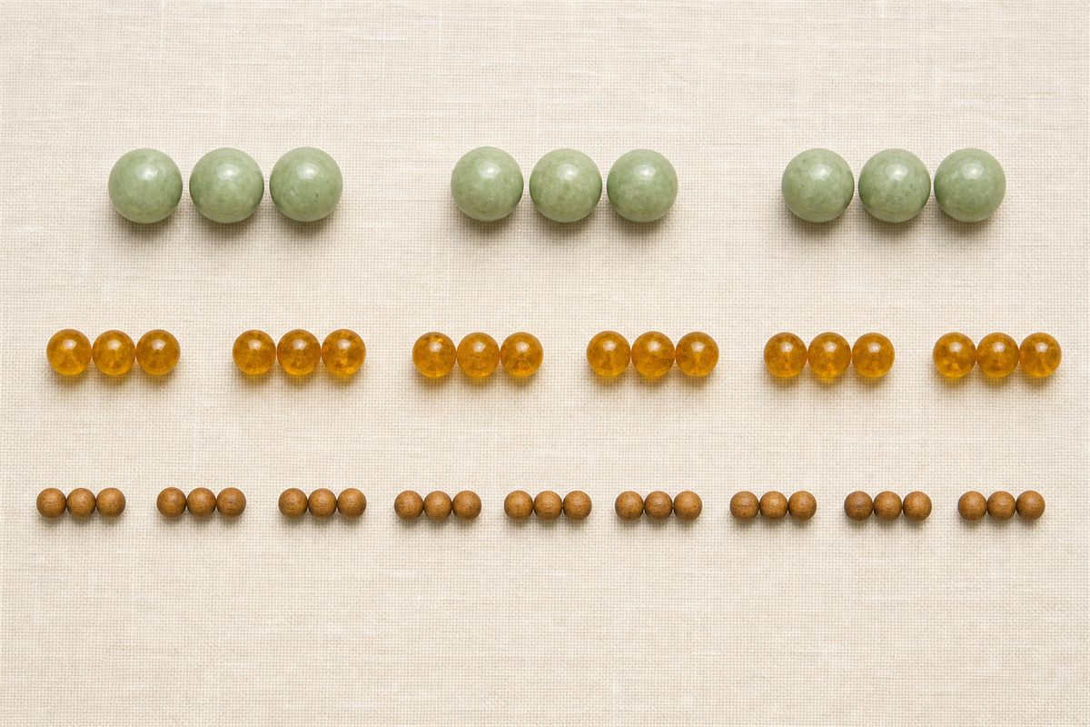 Three rows containing 9 large, 18 medium, and 27 small wooden beads