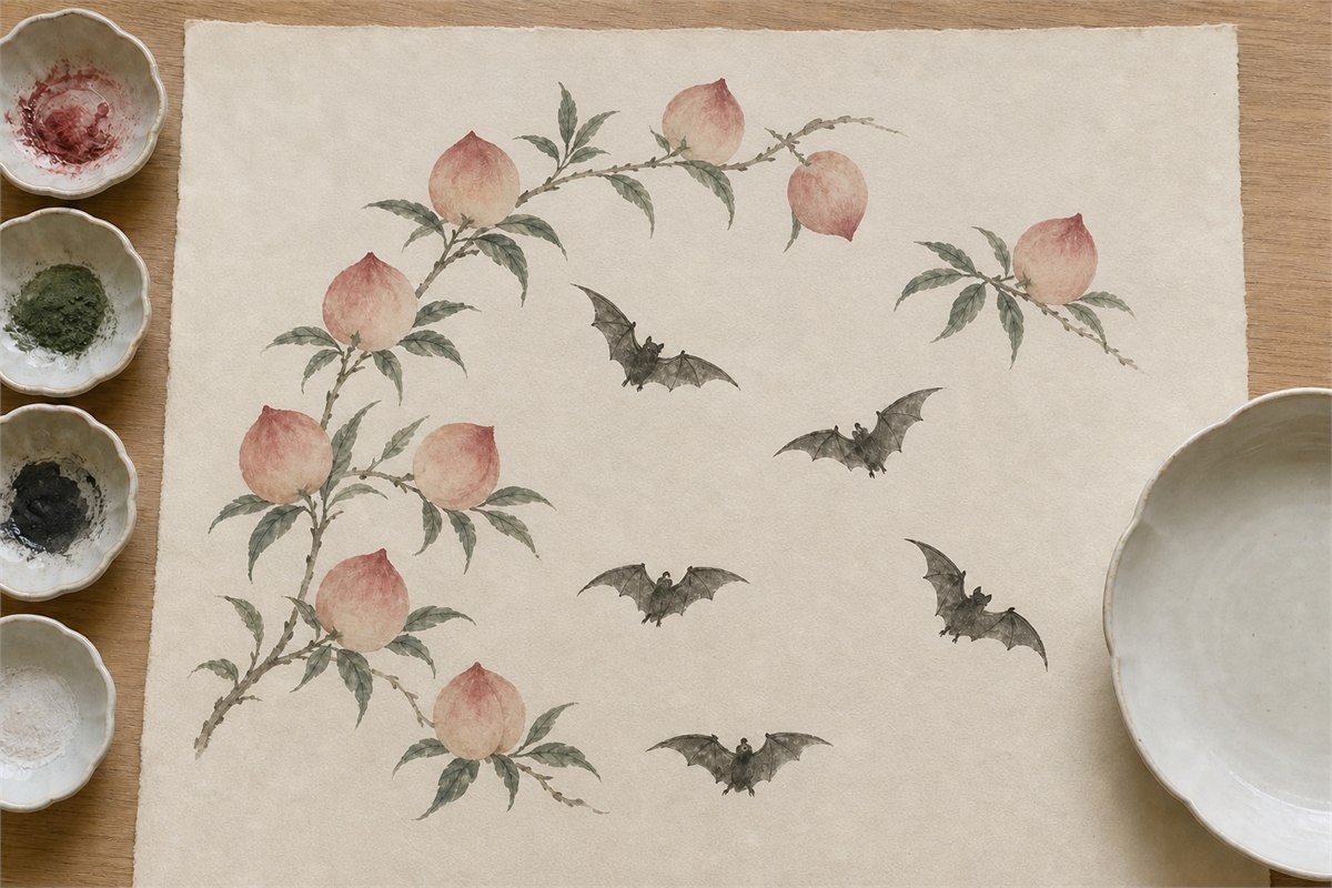 Design sheet with nine peach studies and five bat studies arranged around a vessel outline