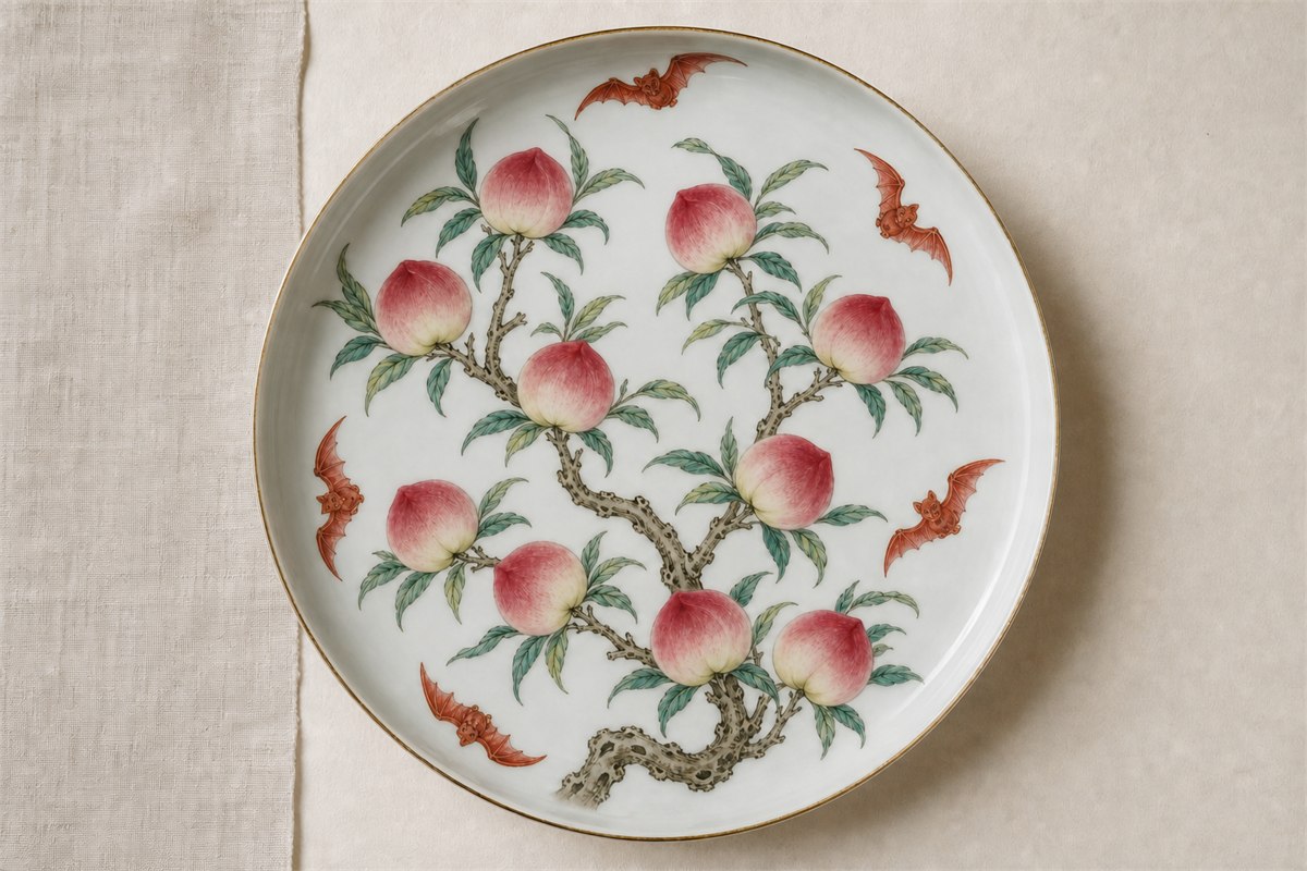 Overhead view of a porcelain dish with nine peaches and five red bats, all fully visible