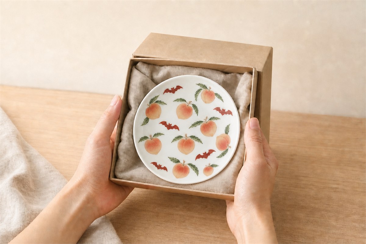 Hands presenting a porcelain dish decorated with exactly nine peaches and five red bats