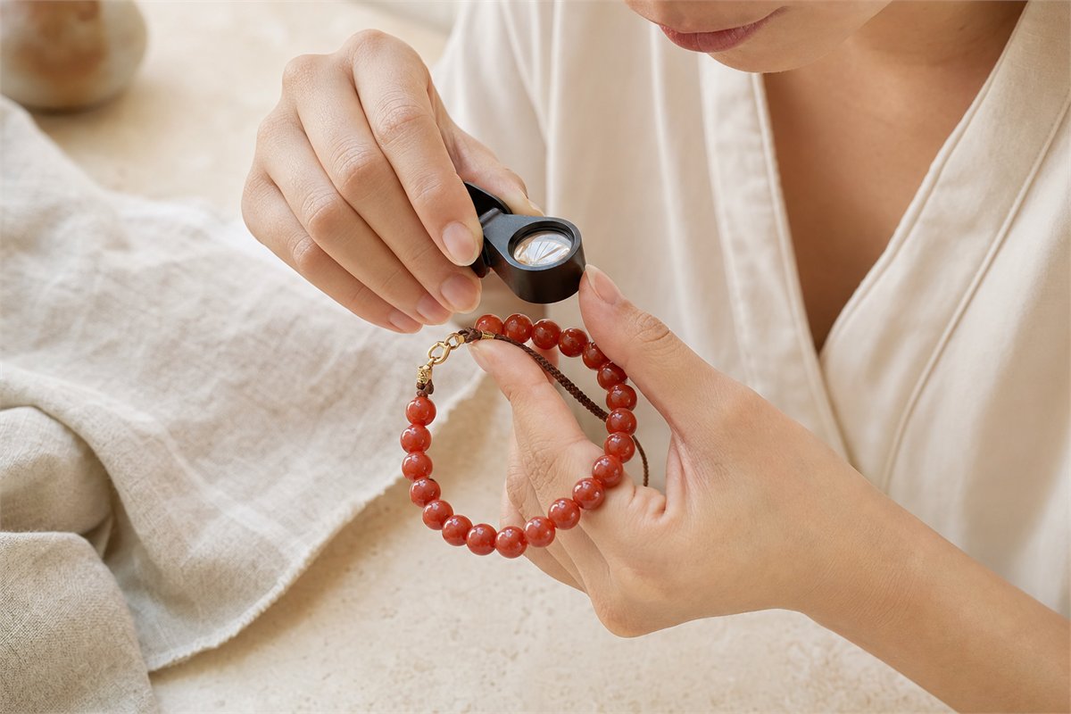 Adult examining an intact red bracelet with a magnifying loupe in soft daylight