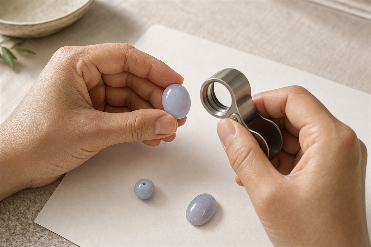 Hands examining a pale blue chalcedony cabochon with a jeweler loupe over white paper