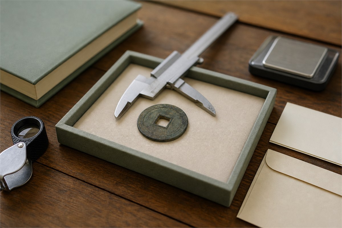 Blank square-holed study coin in a padded tray beside a caliper, scale, loupe, book, and provenance cards