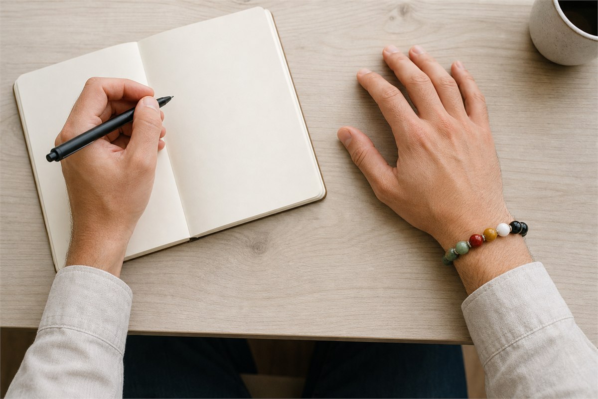 Right hand writing while a five-color bracelet rests on the relaxed left wrist at a desk