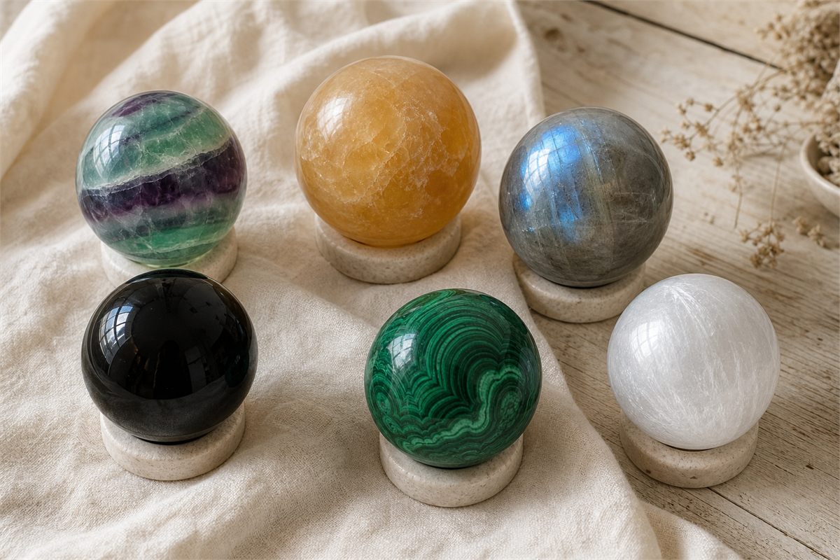 Green fluorite, honey calcite, moonstone, and black obsidian spheres with visibly different mineral character