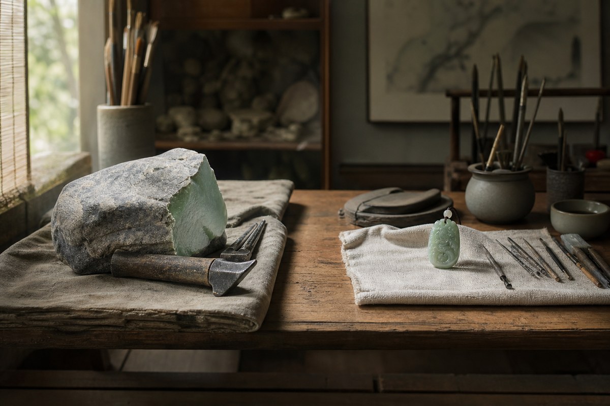 Two jade carving work areas with heavier raw stone and broad tools on one side, delicate pendant and fine tools on the other