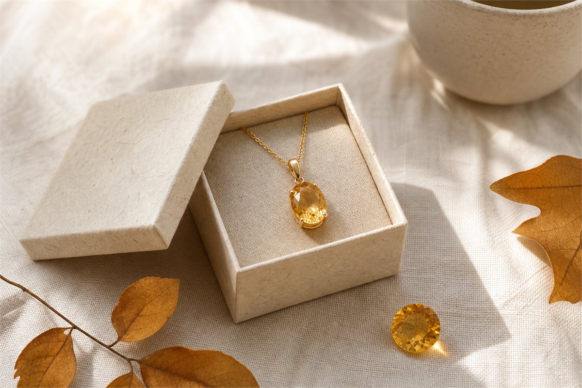 Golden citrine pendant in a neutral gift box with a loose citrine and restrained autumn leaves