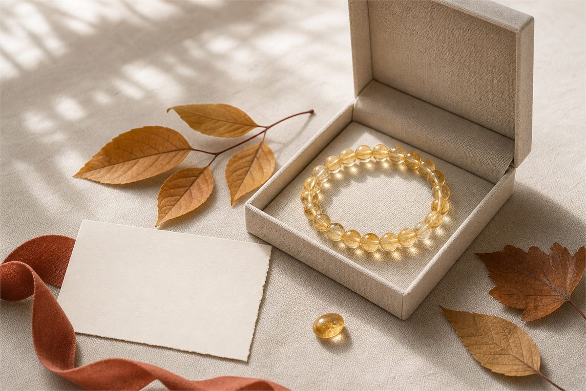Citrine bracelet in a linen gift box with muted autumn leaves and a blank cream card
