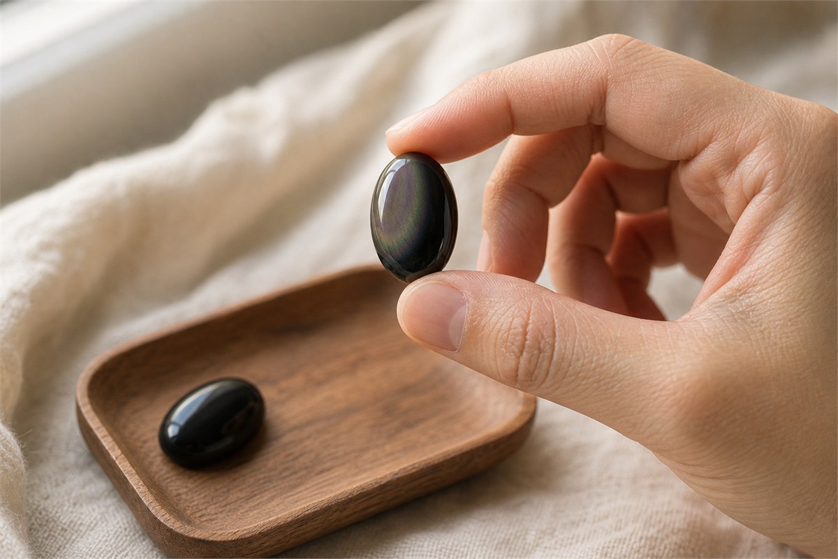 Hand holding a dark rainbow obsidian cabochon with a subtle green and violet band
