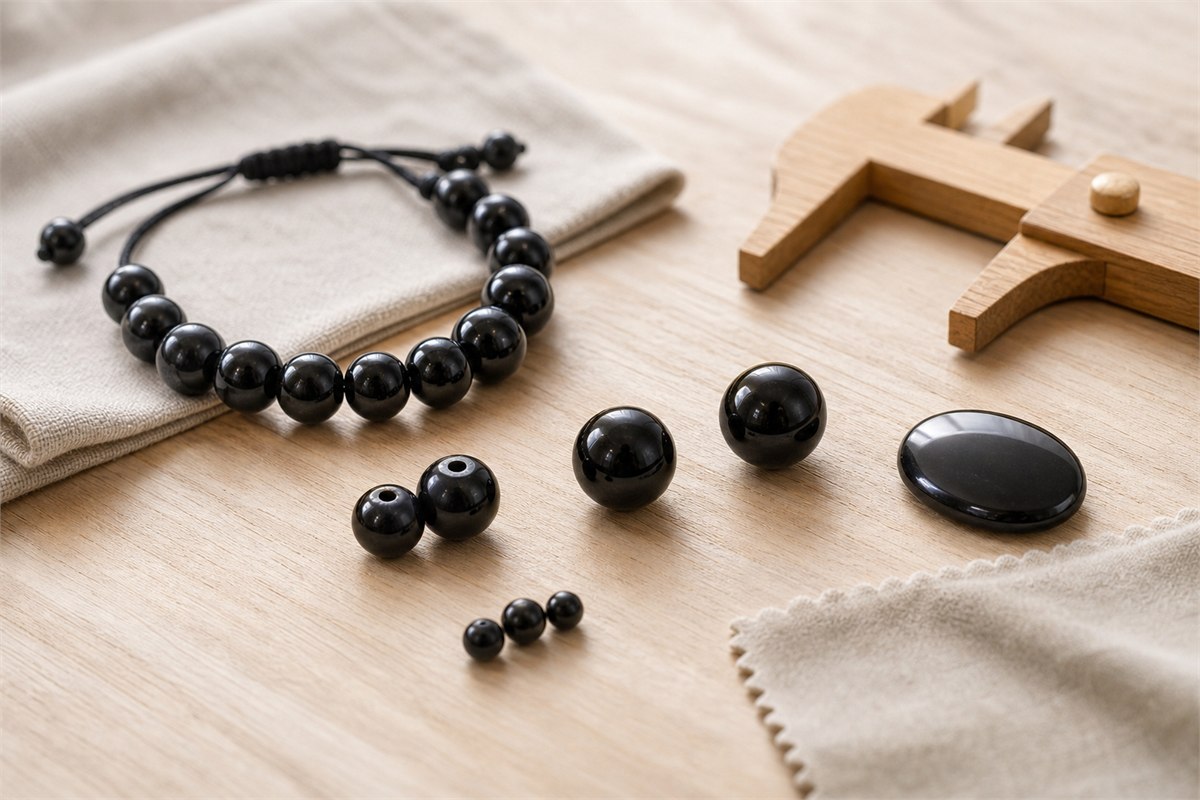Black obsidian bracelet with loose beads in different sizes, clean drill holes and polishing cloth