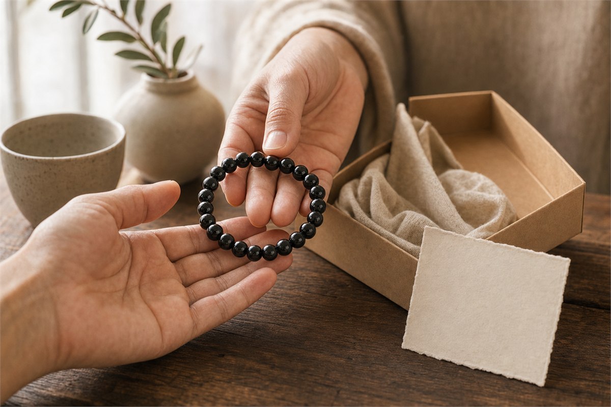 Two hands exchanging a black obsidian bead bracelet beside a neutral gift box