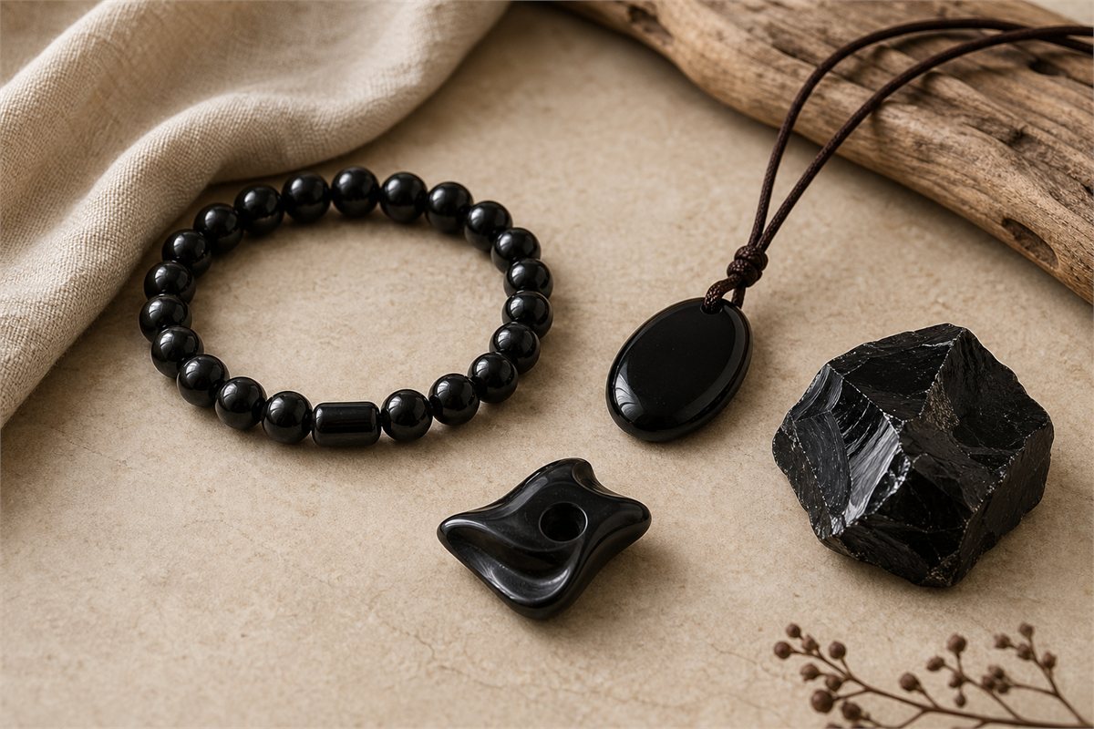 Black obsidian bracelet, oval pendant, abstract carving and rough volcanic glass