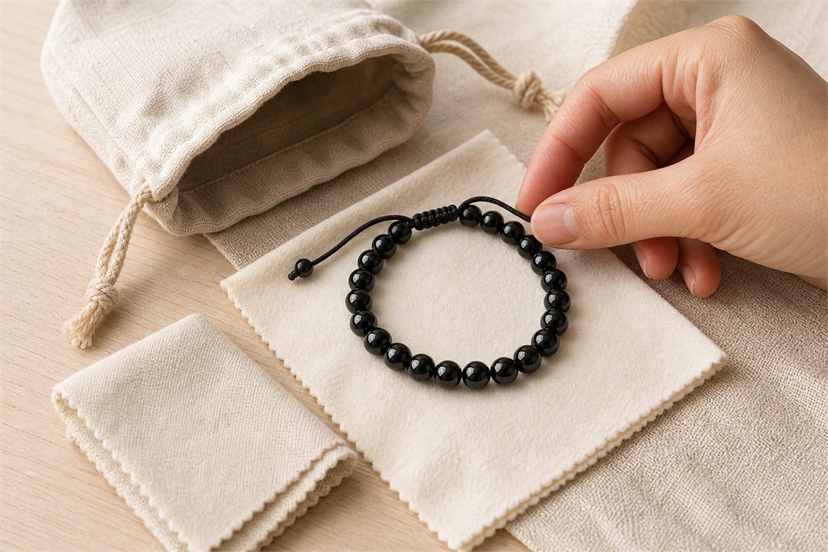 Hand checking the cord of a black obsidian bracelet on a soft cloth beside a fabric pouch