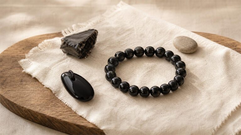 Black obsidian bracelet, oval pendant and rough volcanic glass on warm ivory linen