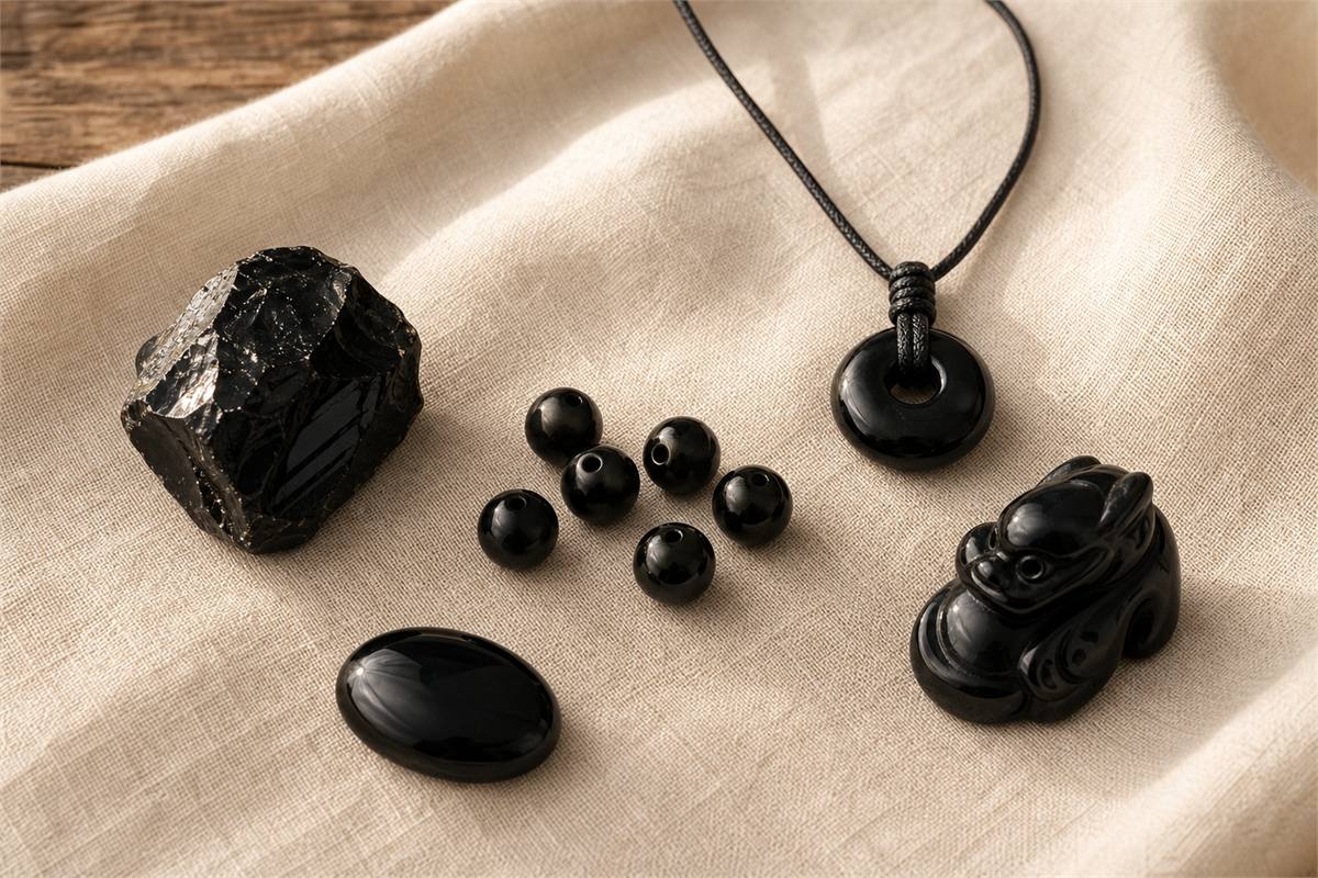 Rough obsidian, drilled black beads, oval cabochon, cord pendant and small carving