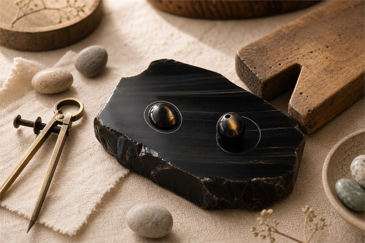 Obsidian slab, partially shaped cabochon, and finished bead arranged to show cut orientation and sheen