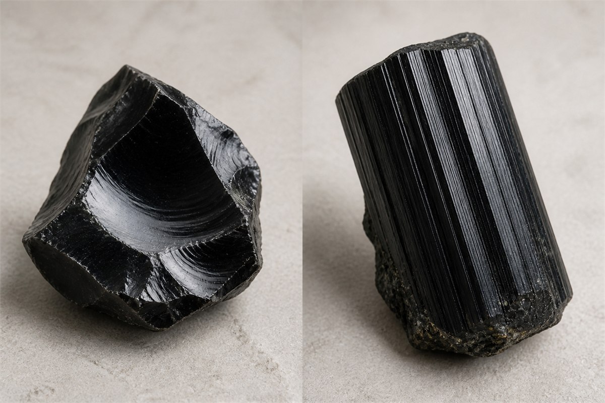 Glassy obsidian edge beside a black schorl tourmaline crystal with longitudinal striations