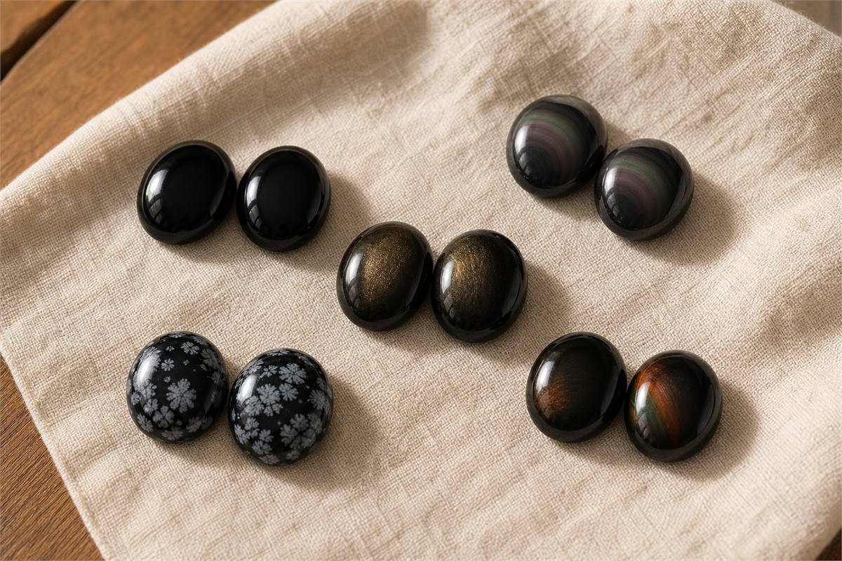 Polished black, rainbow, gold-sheen, snowflake and fire obsidian cabochons on linen