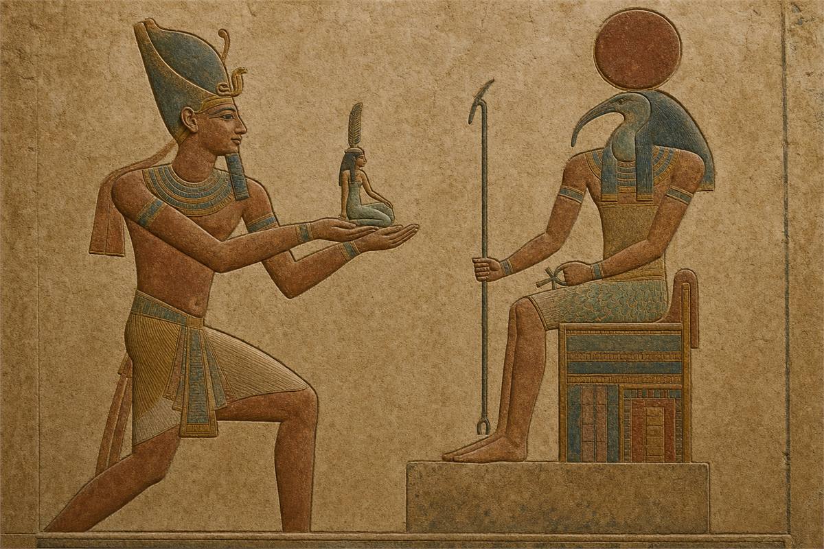 Educational temple relief reconstruction of an Egyptian king presenting a tiny seated Ma’at figure to a deity