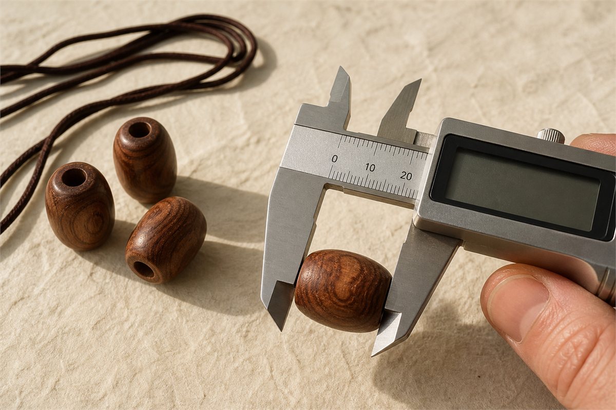 Rounded barrel-shaped wooden bead held in a digital caliper beside matching loose beads