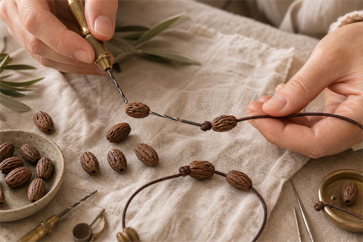 Hands aligning a drilled olive-pit bead with cord and bracelet components