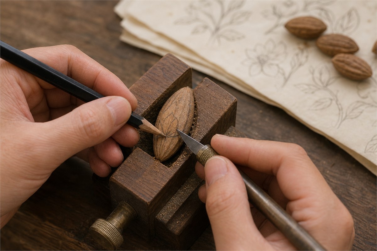 Craftsperson marking a design on an olive-pit blank held in a small bench clamp