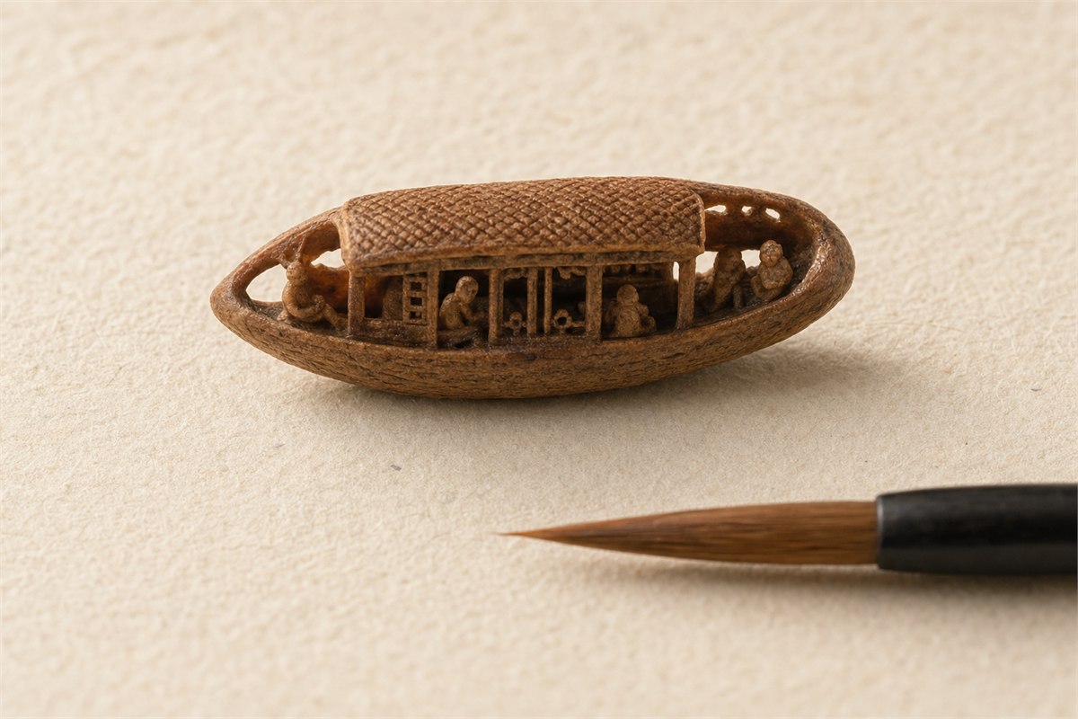 Tiny covered riverboat carved from an olive pit beside a fine brush for scale
