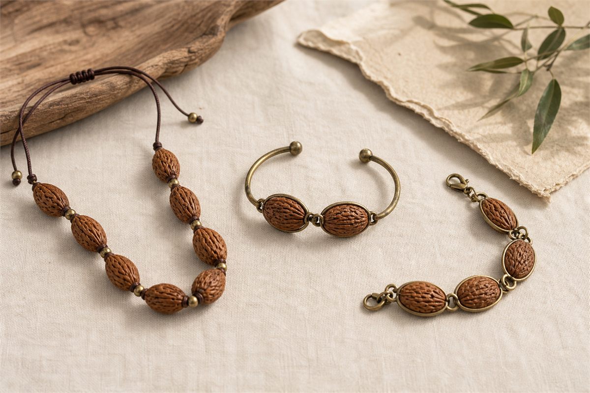 Corded olive-pit strand, open metal bracelet, and segmented bracelet shown side by side