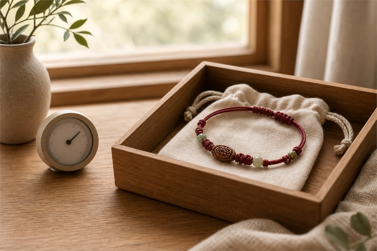 Dry olive-pit bracelet in a cotton pouch and wooden box beside a small hygrometer
