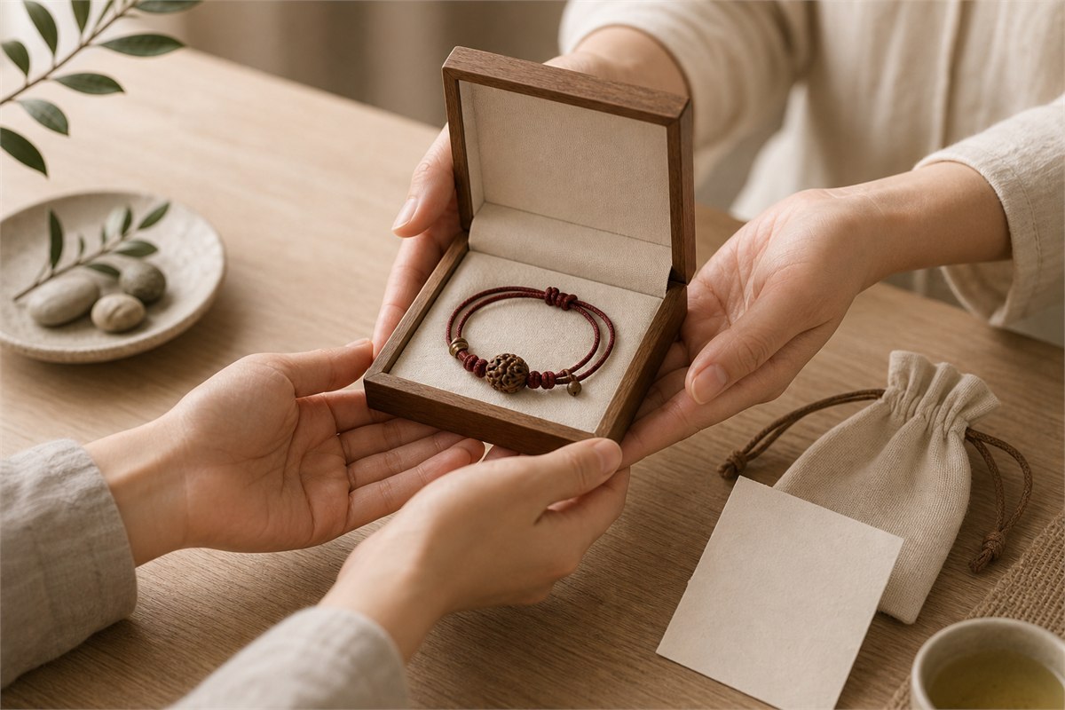 Hands presenting an olive-pit cord bracelet in an ivory-lined wooden gift box