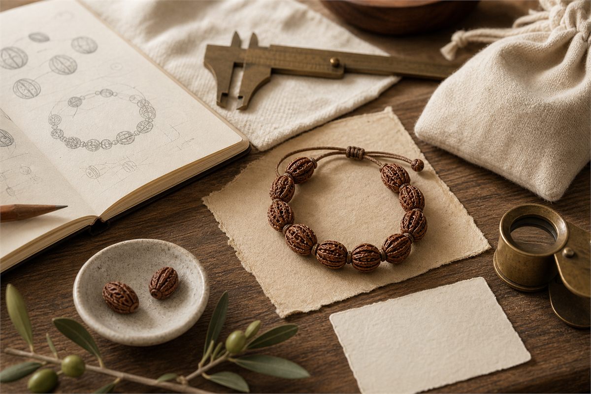 Carved olive-pit bracelet with sketchbook, caliper, loupe, pouch, and blank receipt card