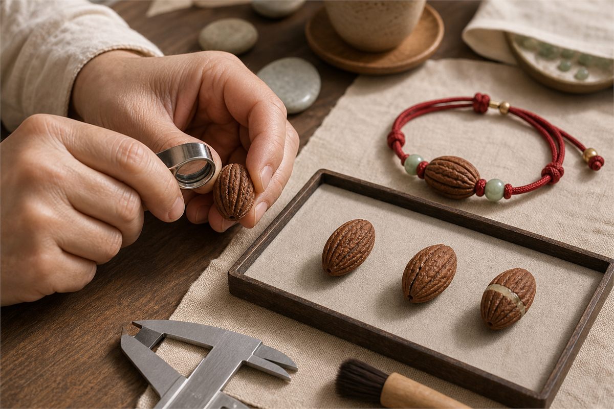 Loupe inspection of an olive pit beside intact, cracked, and visibly repaired beads