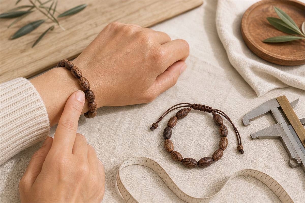Olive-pit bead bracelet worn with ease beside a laid-flat strand, tape, and caliper